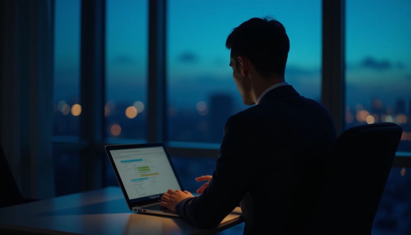 A laptop closing at dusk with city lights beyond the window — clients and the leap guide
