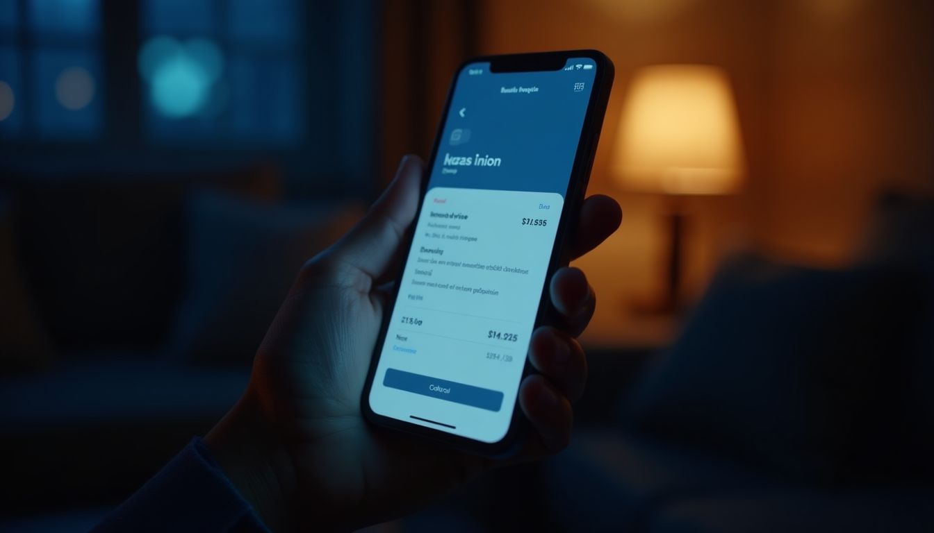 A hand holding a phone showing a paid invoice notification in warm lamplight β getting paid guide