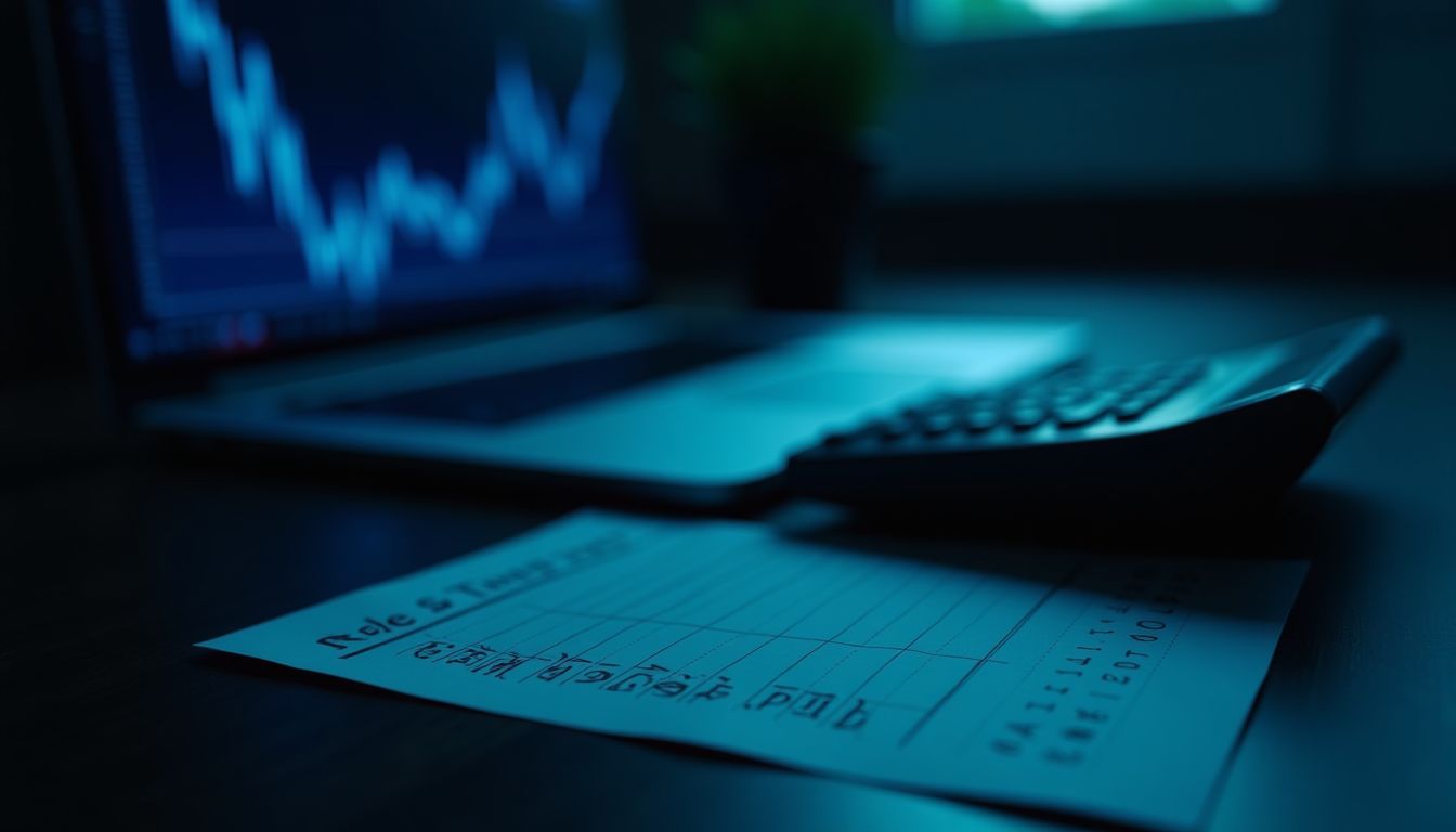 A freelancer rate card and calculator on a dark desk lit by azure screen glow — pricing and rates guide